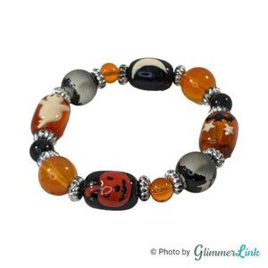 Halloween Orange and Black Silver Tone Beaded Stretch Bracelet